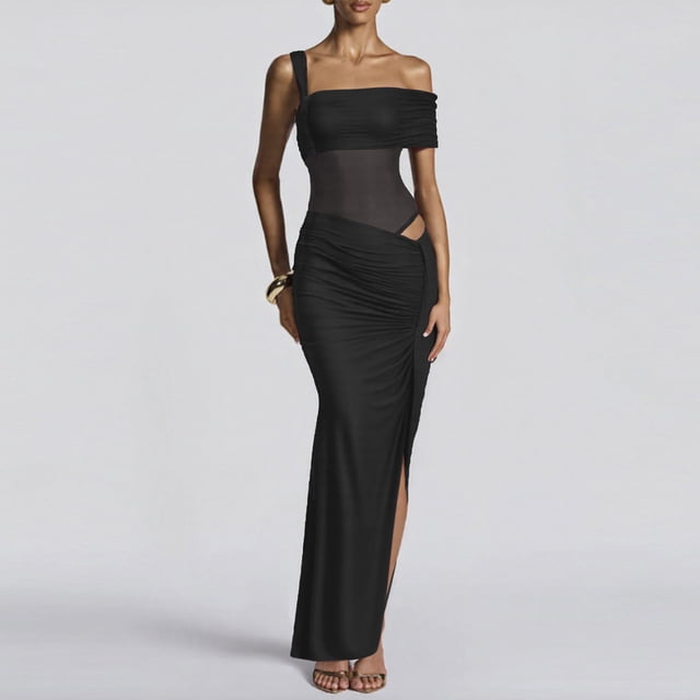TaTaai Ladies One Shoulder Sleeveless Solid Color Maxi Dress Ruched Detail Mesh Panel Slim Fit Elegant Formal Wedding Party Wear Gift