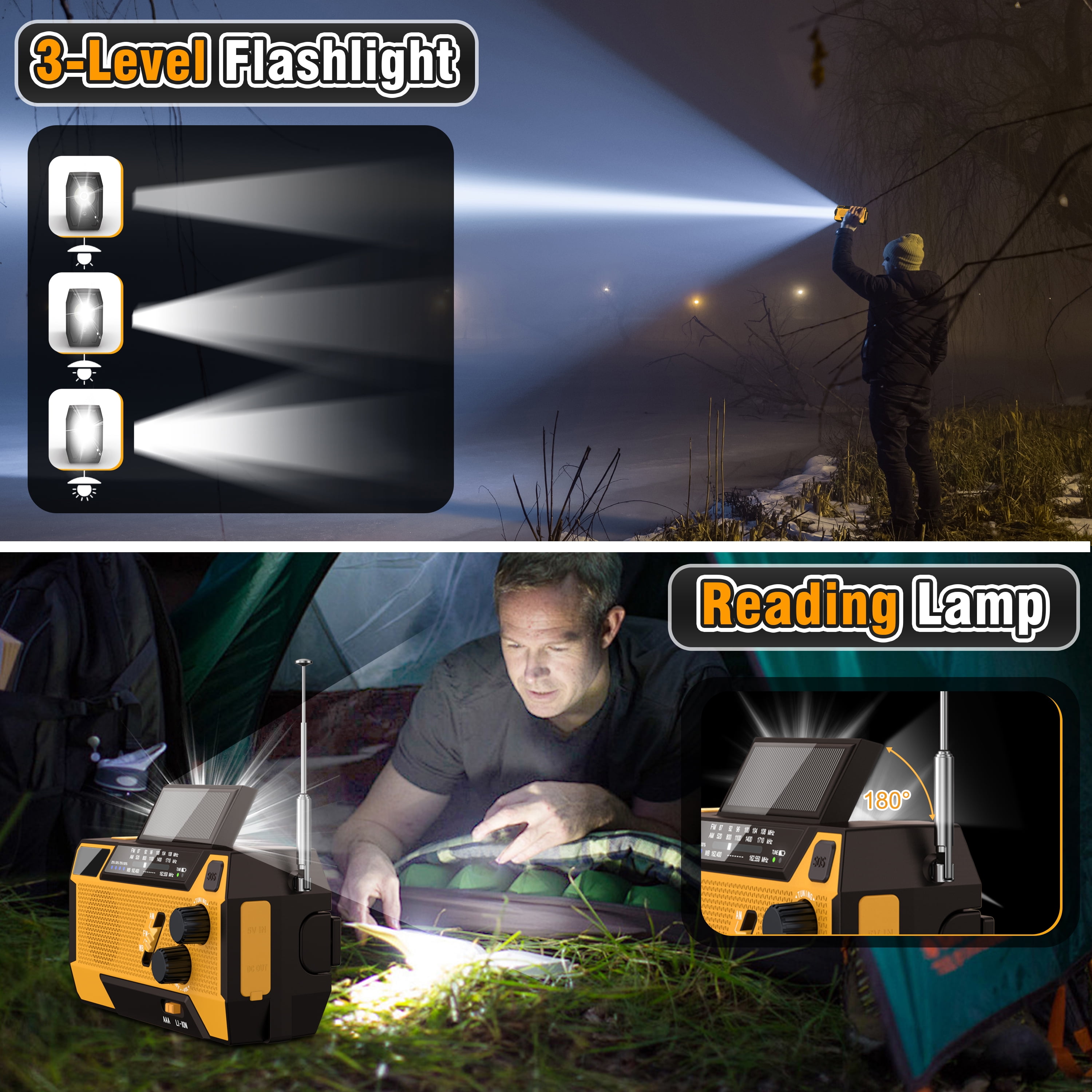 Jazmm Hand Crank Emergency Radio, Emergency Radio,Solar Radio,NOAA/AM/FM Weather Radio, 7400mWh Battery Operated 3 in 1 Charging Cable, LED Reading Light,SOS, for Winter Storm Hurricane Survival Gear