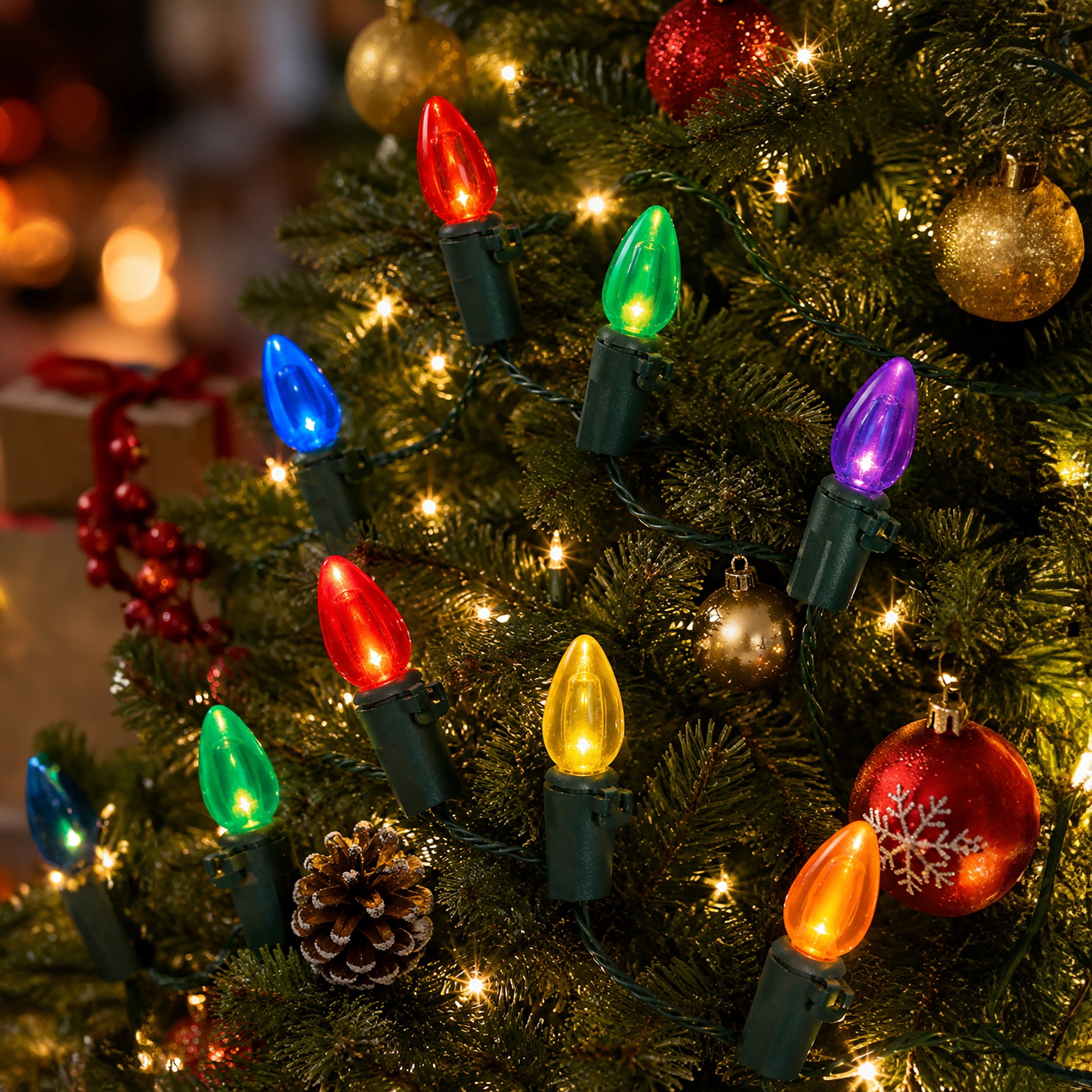 Indoor 20-Count Battery-Operated LED Smooth C3 Christmas String Lights, Multicolor, Green Wire, 6.3', by Holiday Time