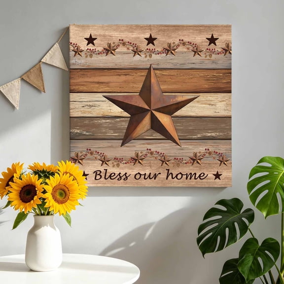 Country Stars Canvas Wall Art Framed Wall Decor for Living Room Bedroom Bathroom, Vintage Brown Wood Grain Bless Our Home Farm Canvas Pictures Ready to Hang Decor, 8"x8"