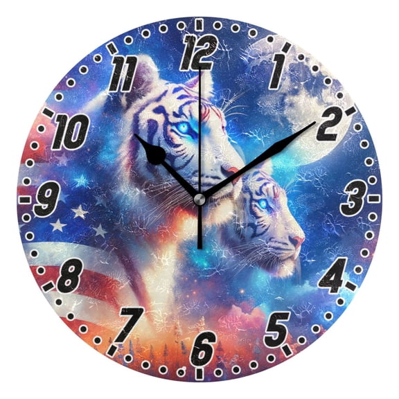 Tigers and American Flag Round Wall Clock Battery Operated Silent Non-Ticking Bedroom Office Kitchen Home School Decor 10"(Black)