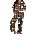 thumbnail image 3 of MuXiKeJi Clothes Halloween Pajamas Women Silk Satin Cute Ghost Pumpkin Print Fall Spooky Pjs | Long Sleeve Button Down Top Matching Wide Leg Long Pant Set 2 Piece Funny Spooky Season Sleepwear, 3 of 6