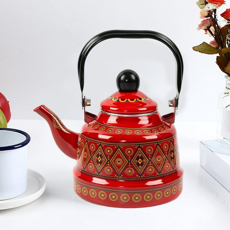 2.5L Enameled Tea Kettle Tea Pot Portable Hot Water Pot Tableware Glazed  Classic Design No Whistling Teakettle for Stovetop for Picnic Red A