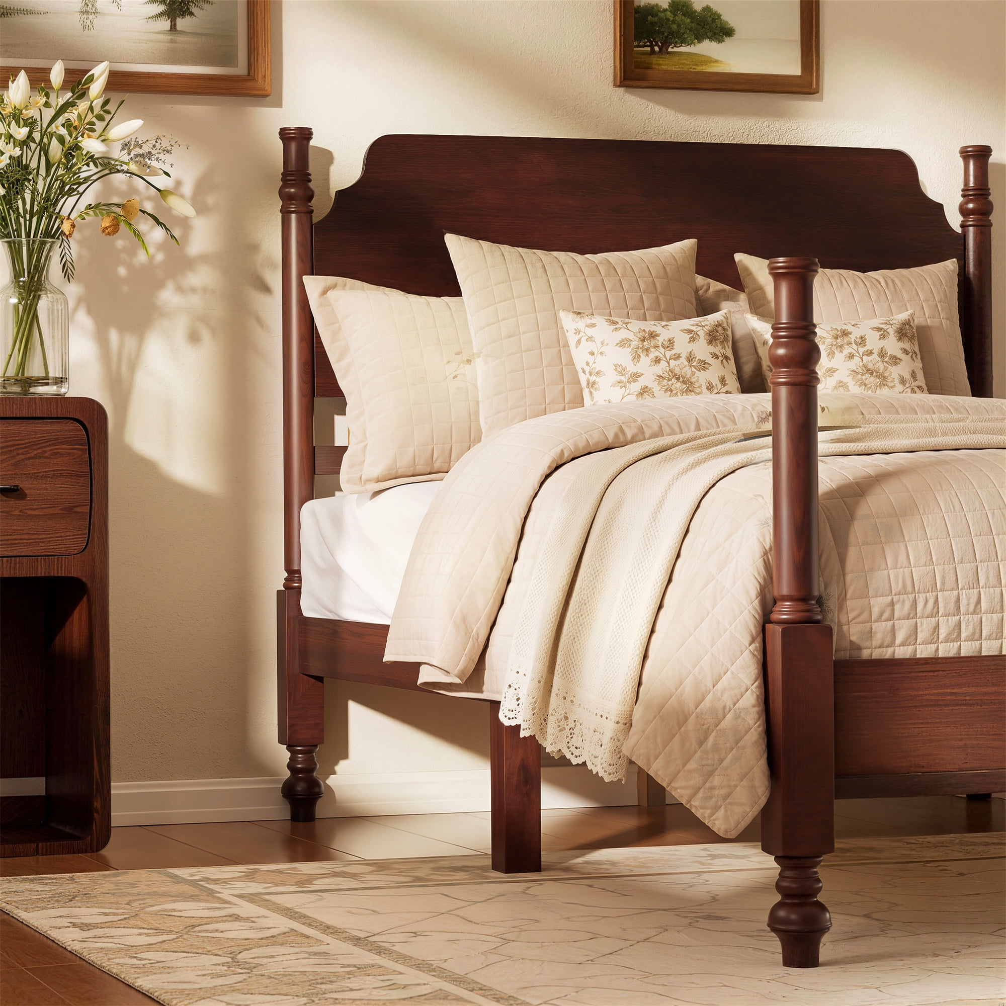 Mintazer Monroe Full Size Bed Retro Spindle Post Bed Frame with Headboard, Dark Walnut