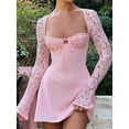 thumbnail image 3 of Women Bodycon Mini Dress Lace Floral Long Sleeve Backless Low-cut Tie-up Sexy Cocktail Party Dress, 3 of 7