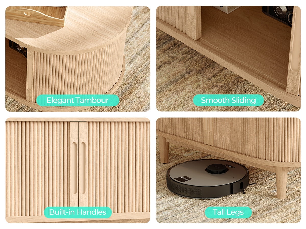 LINSY HOME Fluted Coffee Table with Storage, Mid-Century Coffee Table for Living Room with Sliding Tambour Door, Oak