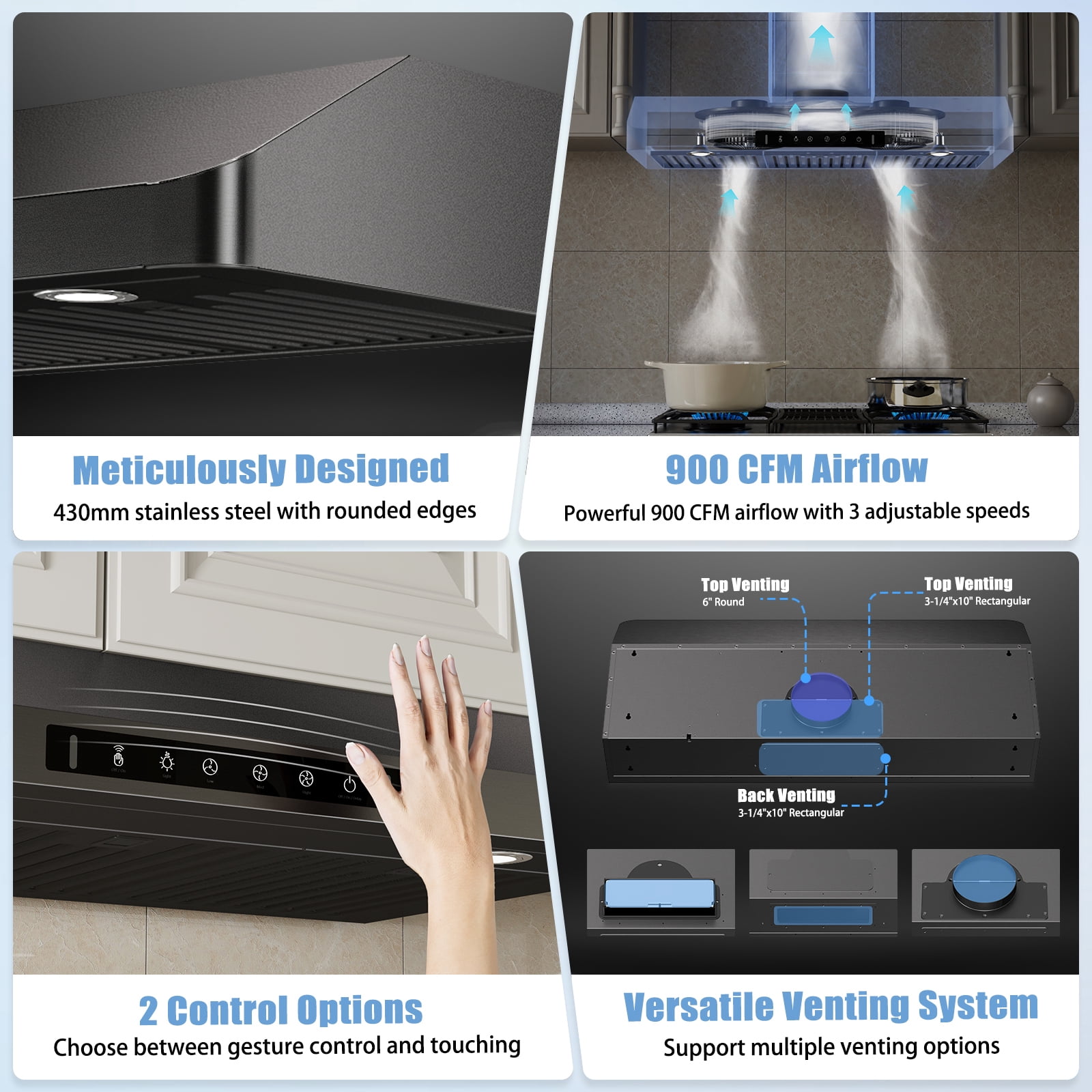VIKIO 36 inch Under Cabinet Range Hood 900CFM, Ducted 3 Speed Exhaust Fan, Touch Panel, Stainless Steel, Black