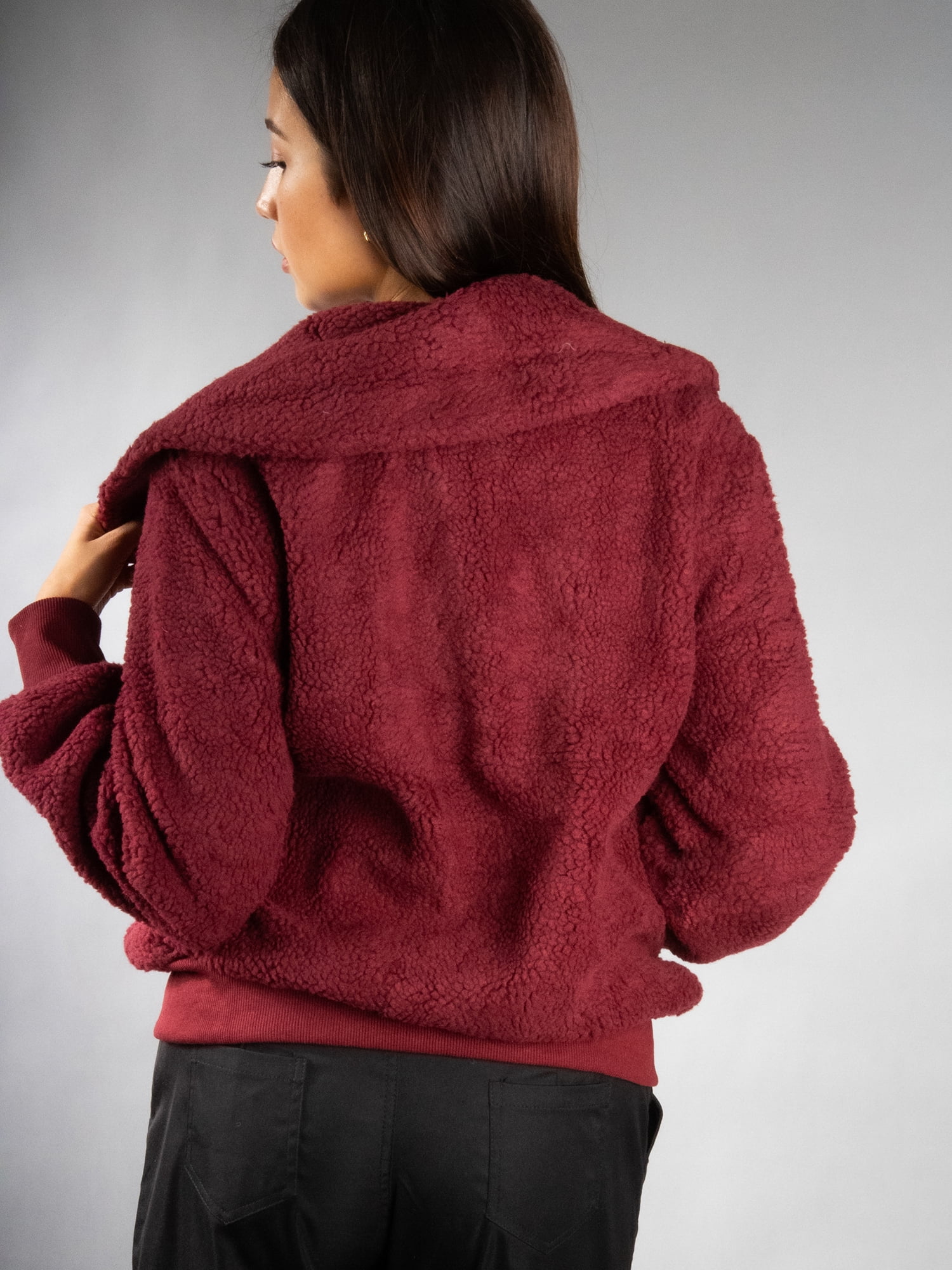 DARING DIVA Women's Stylish AK Plush Bomber Jacket M Burgundy