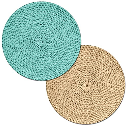 CounterArt Teal and Natural Basket Weave Design Round Reversible