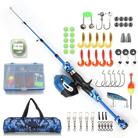 FlyFlise Kids Fishing Rod and Reel Combo Full Kit 1.2m/1.5m Telescopic Casting Rod Pole with Spincast Reel and Hooks Lures Swivels Carry Bag