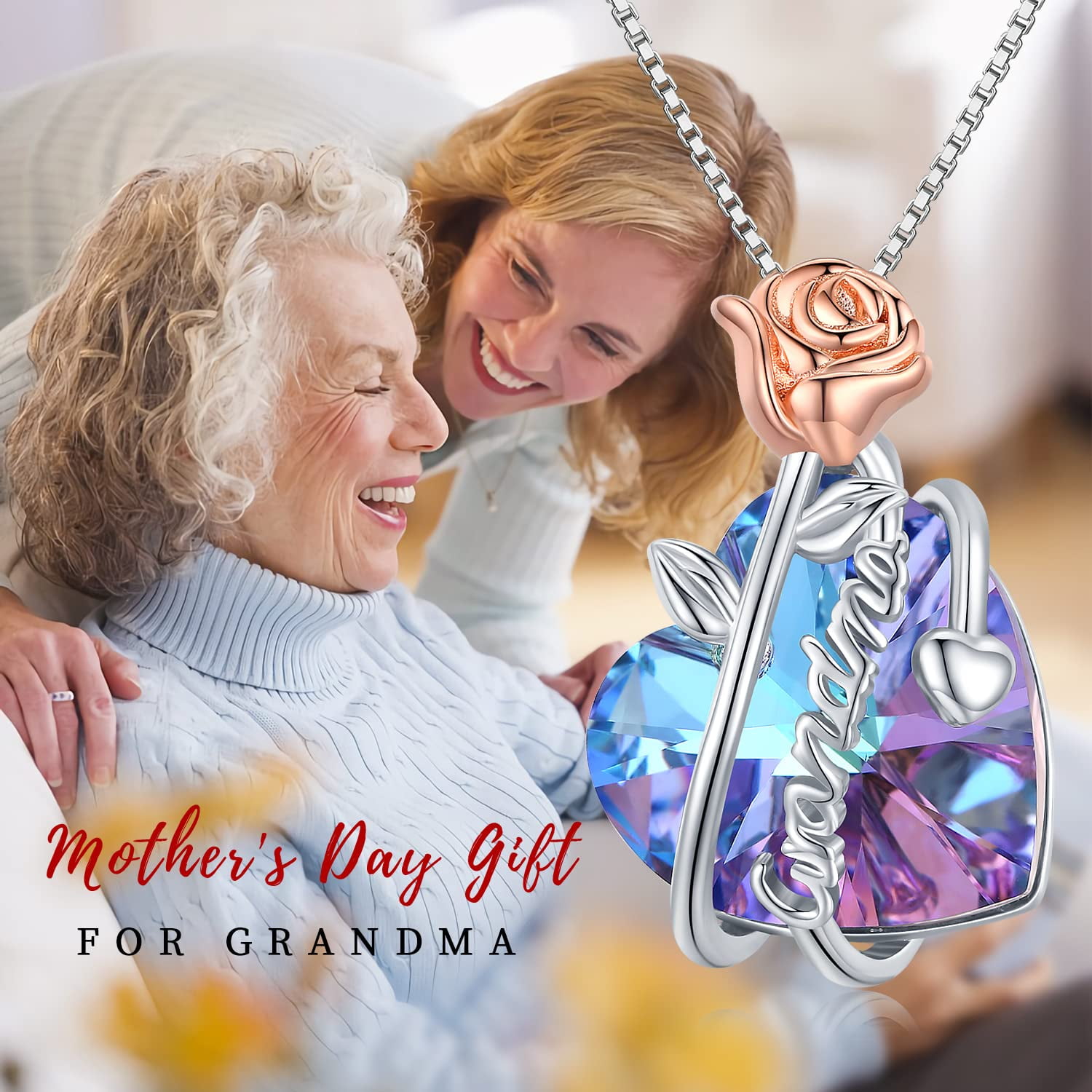 Coachuhhar Grandma Gifts 925 Sterling Silver Rose Flower Love Heart Crystal Pendant Necklace Grandma Jewelry Birthday Graduation Gifts for Women Grandma Nana