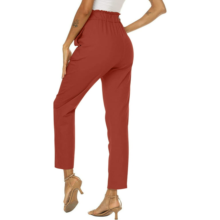 Xihbxyly Linen Pants for Women Womens Pants Cotton Linen Long Lounge Pants  Drawstring Back Elastic Waist Pants Casual Trousers with Pockets, Red, L