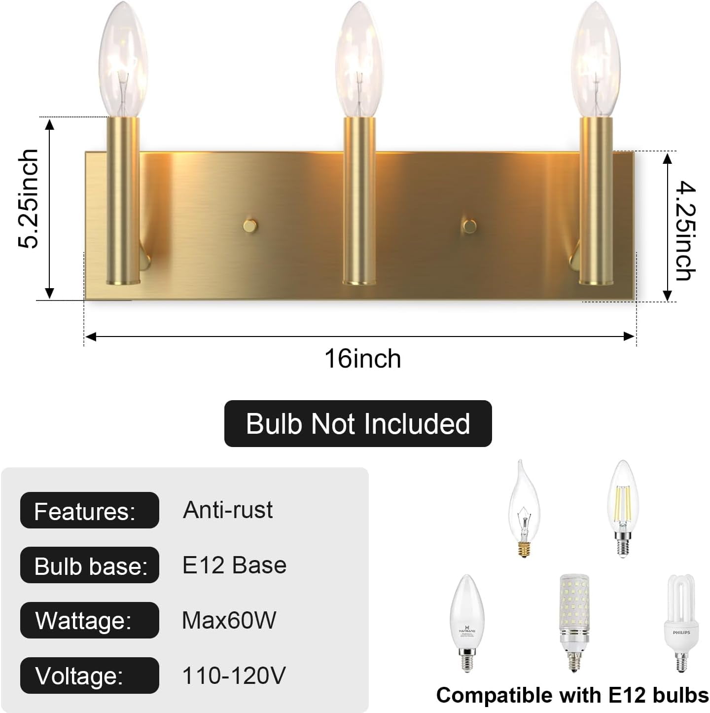 RGHJAR-Bathroom Light Vanity Fixtures Over Mirror, 3-Lights Modern Brushed Gold Wall Sconces, Minimalist Wall Lights for Livingroom Bedroom Entryway Hallway Staircase, E12 Base(Bulbs Not Included)