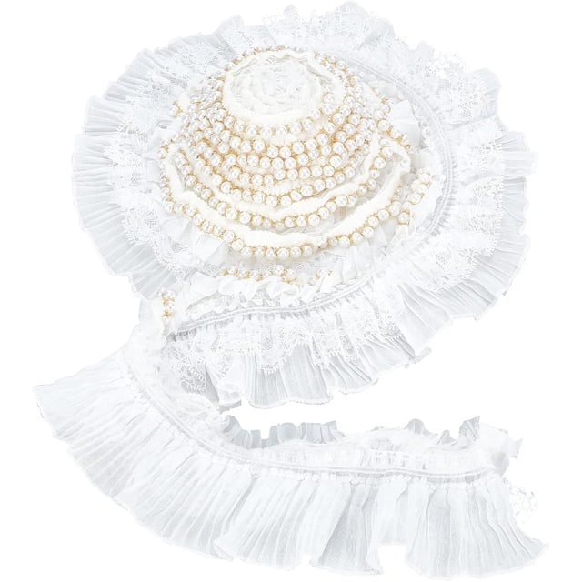 Cinta elástica de encaje plisado de 3 capas con volantes y cuentas de perlas de 3 yardas, ideal para decoración de bodas y manualidades.