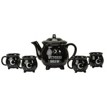 Wicca Sacred Moon And Stars Witches Brew Black Cauldron Teapot And 4 Cups Set