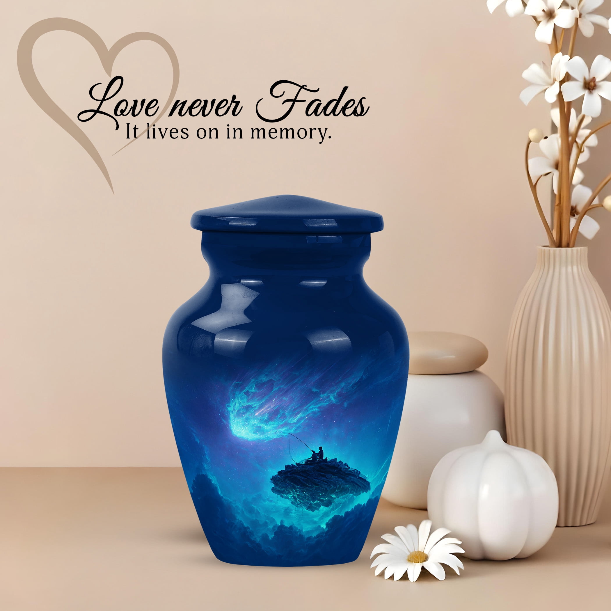 JAGSHASHI Fishing Mini Keepsake Urn For Ashes For Women – Fisherman Small Cremation Urn For Ashes Adult Male or Pets – Funeral Token Urns with Velvet Box – Memorial Tribute for Families (Blue 3 Inch)