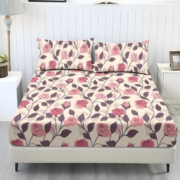 Whosucclay Rose Vine Design Three Pc Bedding for Men Women, Anti-Crease Comfort 1 Fitted Sheet and 2 Pillowcases, No Flat Sheet for All Season, Twin-XL Size