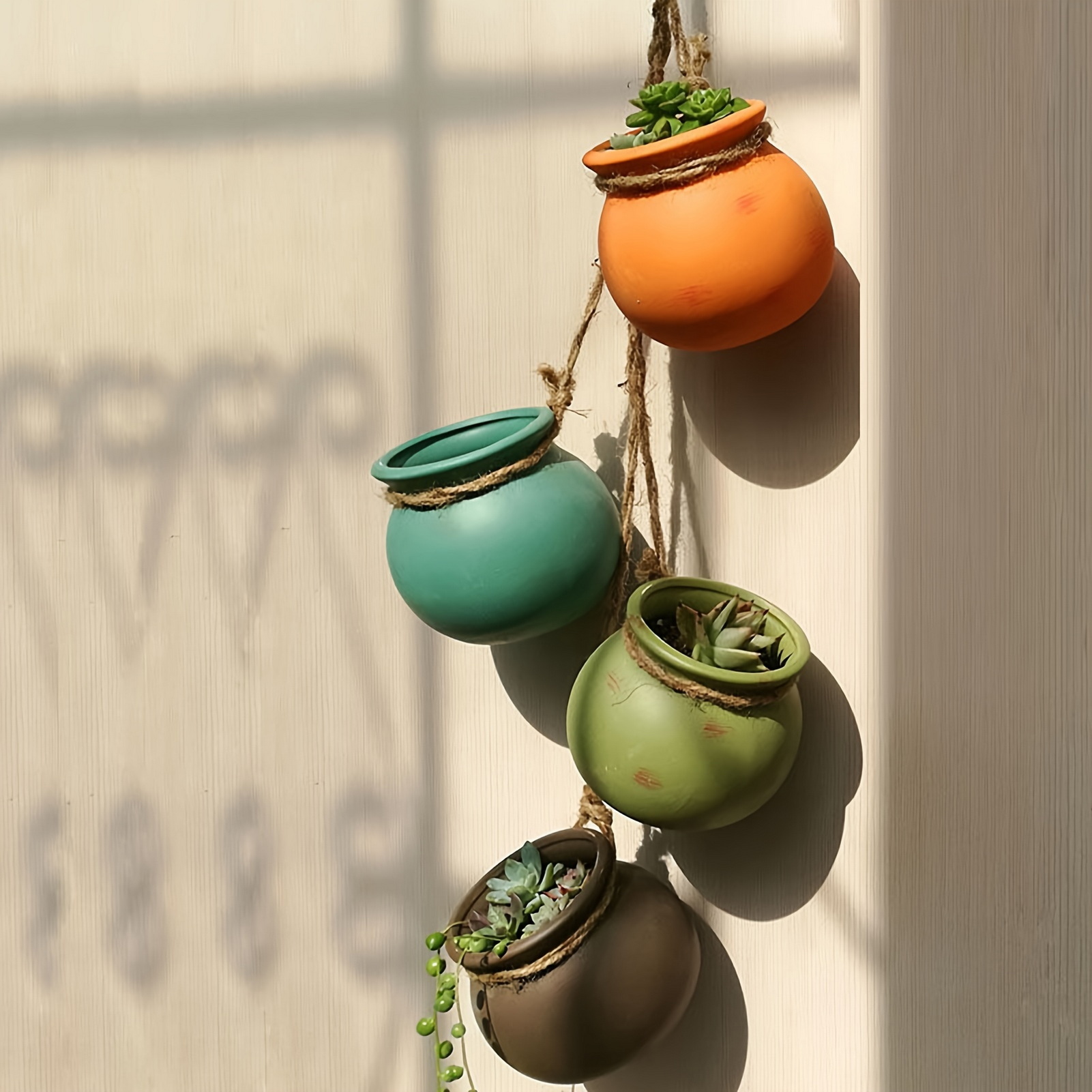 Hanging Ceramic Planters, Mini Wall Mount Flower Pots with Jute Rope for Succulents, Boho Indoor Outdoor Home Decor, Set of 4 Small Plant Pots