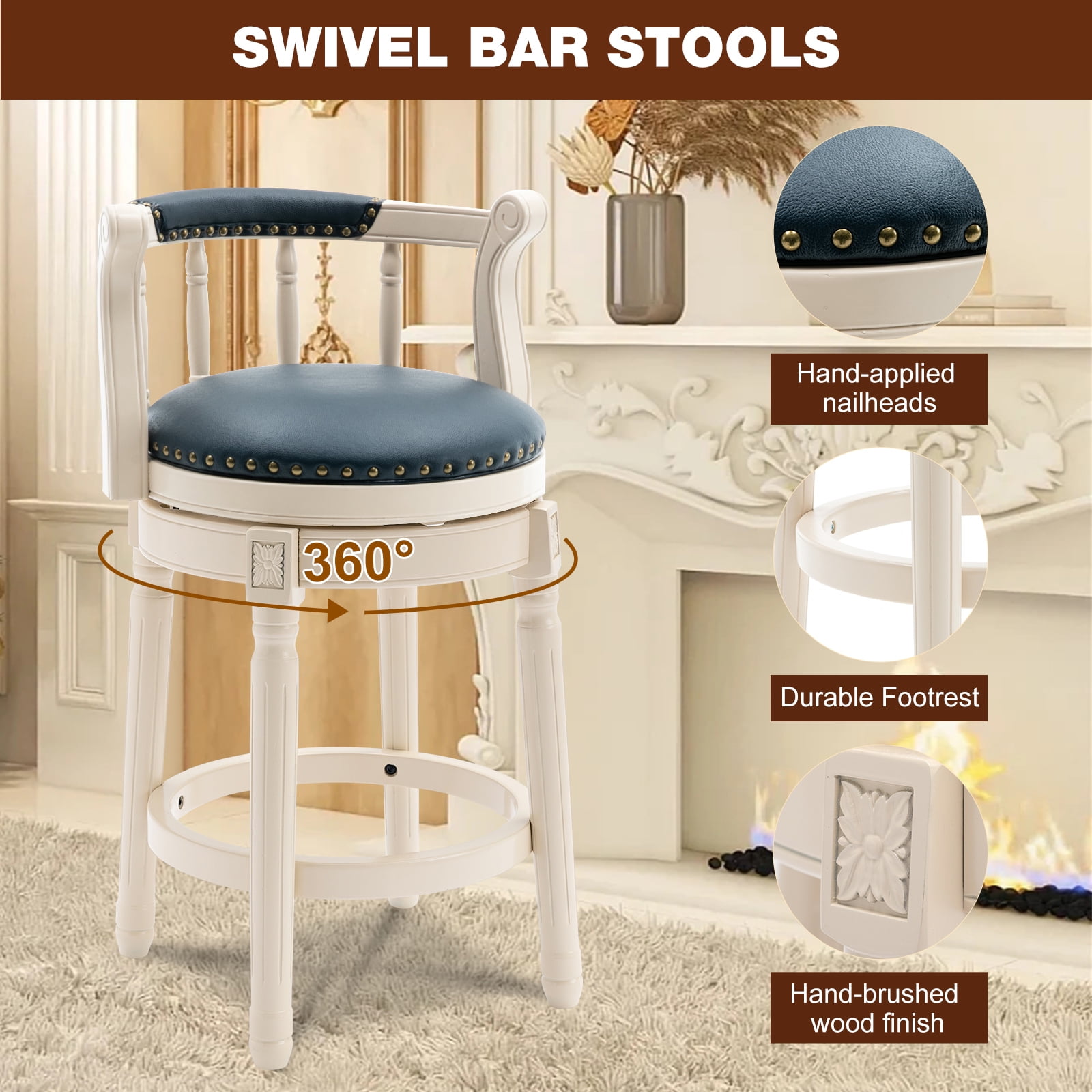 Aulife Bar Stools Genuine Leather Counter Height barstool Wooden Swivel kitchen Stool with Footrest for Kitchen Dining Room(ivory frame-Navy seat, Counter-26" seat height)