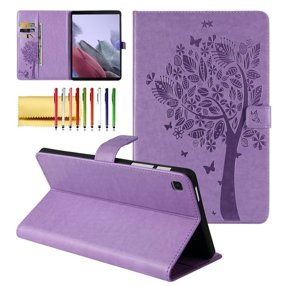 for Samsung Galaxy Tab A7 Lite 8.7 Inch 2021 Model (SM-T220/T225/T227) Case, Embossed Cat & Tree PU Leather Retro Shockproof Magnetic Clasp Wallet Card Slots Folio Kickstand Cover, Purple