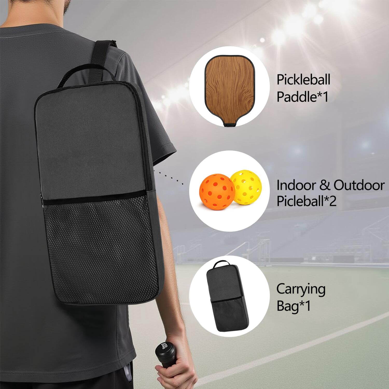 Pickleball Paddles Set Of 1, Fiberglass Surface, Wood Grain Print, 1 Paddle, 2 Balls & Bag