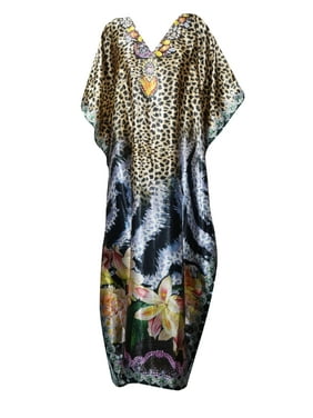 Mogul Women Maxi Kaftan Dress Leopard Print Deep Neck Resort Wear Cover Up Caftan