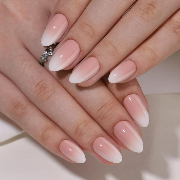 Gel Press On Nails Short- White Ombre Press On Nails Almond, Short Fake Nails with Nail Glue, Artificial Nails 16 Sizes - 32Pcs Reusable Soft Gel False Nails Tips Kit,Glue On Nails Short