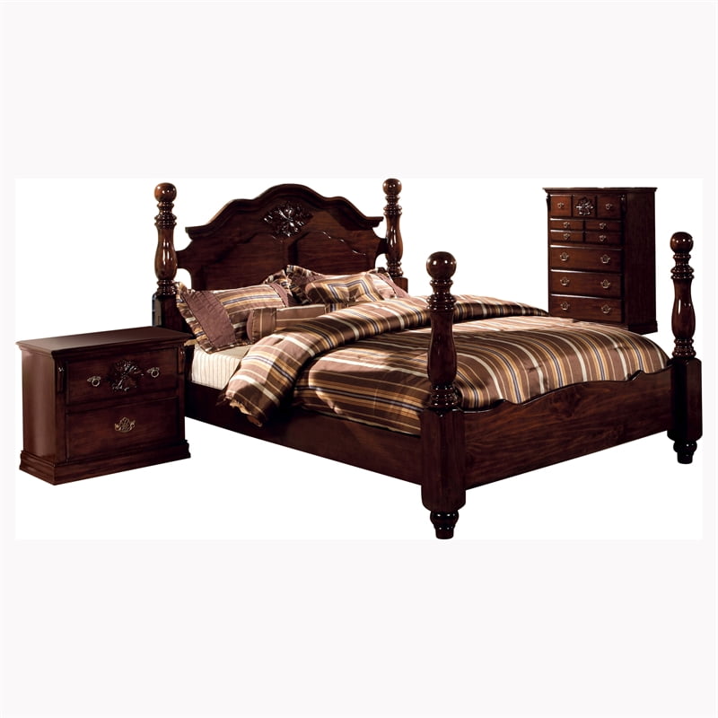 Nightstand Furniture of America FOA Ruben 3pc Cherry Wood Panel Bedroom Set Chest Queen