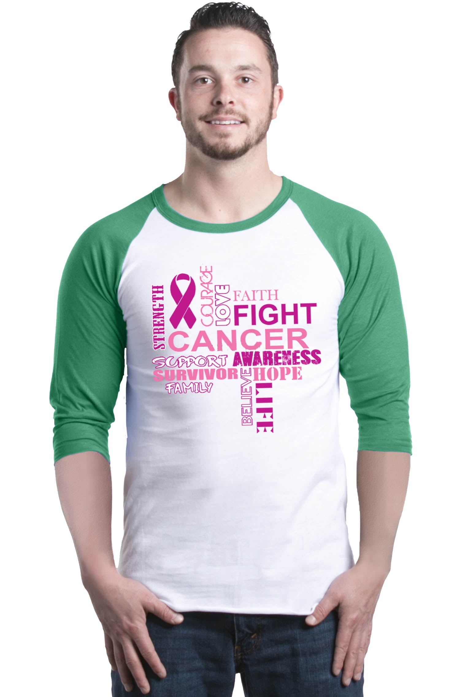 Shop4Ever Men's Breast Cancer Support Fight Ribbon Awareness Raglan Baseball Shirt