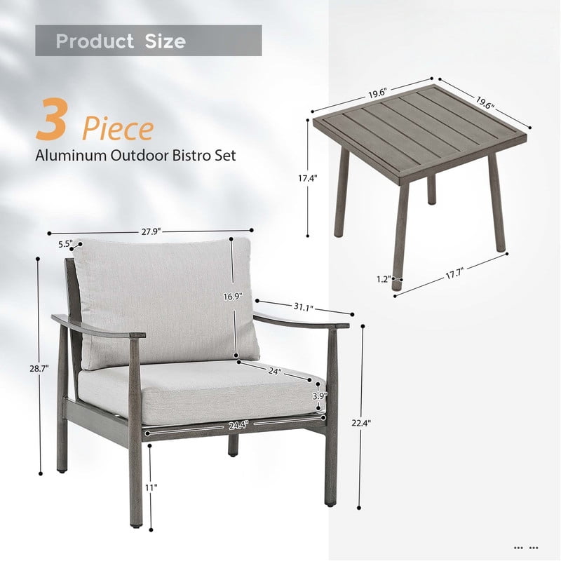 3-Piece Aluminum Outdoor Bistro Set, Modern Rope Patio Chairs with Cushions & Side Table