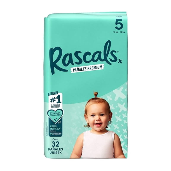 Pañales Rascal + Friends premium etapa 5 unisex 32 pzas