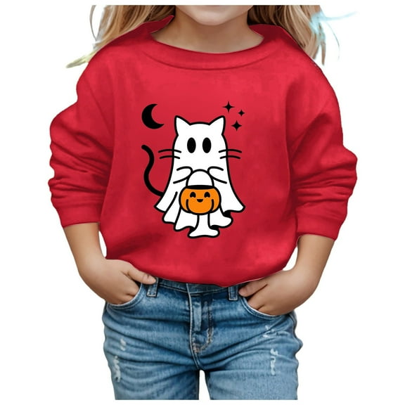 Sweatshirts for Girls, Cat Graphic Crewneck, Long Sleeve Crewneck Holiday Pullover, Halloween Top for School and Party, Cute Holiday Outfit, Halloween Sweater for Girls, Cute Halloween Gift