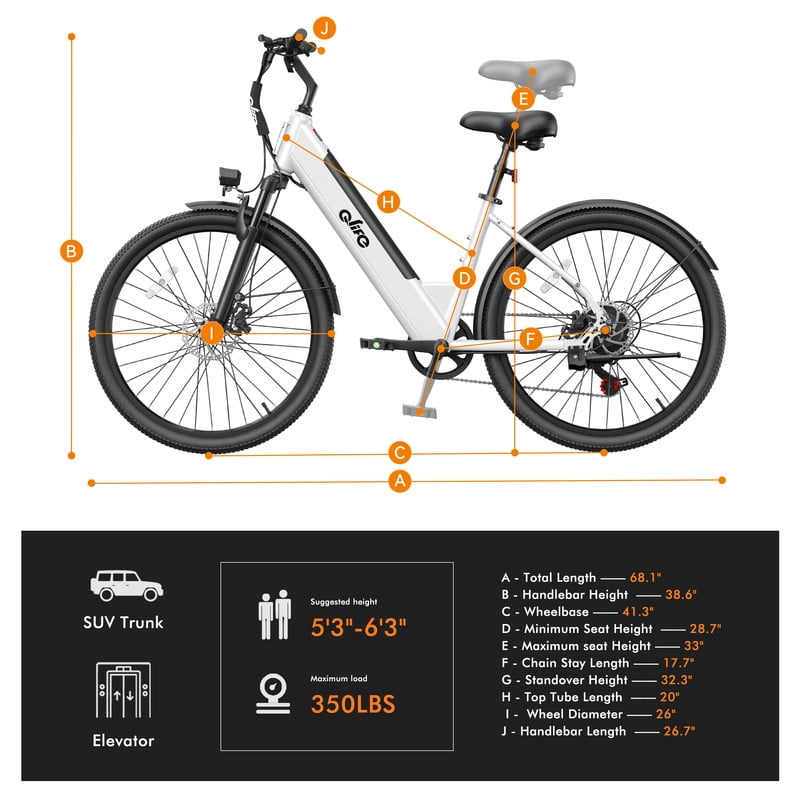Qlife Cityone ST 26" Electric Bike for Adults,500W Hub Motor,Max 25 MPH Ebikes,48V 7.8Ah Removable Battery,7-Speed,Front Suspension,Mechanical Disc Brakes,(White)