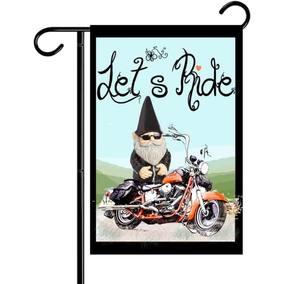 Biker Gnome Double-Sided Garden Flag, Fall Outdoor Welcome Yard Decor Banner, 12 x 18 Inch