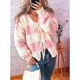 thumbnail image 3 of Women'S Loose Casual V-Neck Long-Sleeved Sweater Jacket Striped Contrast Lace-Up Knitted Cardigan Pink XL, 3 of 8