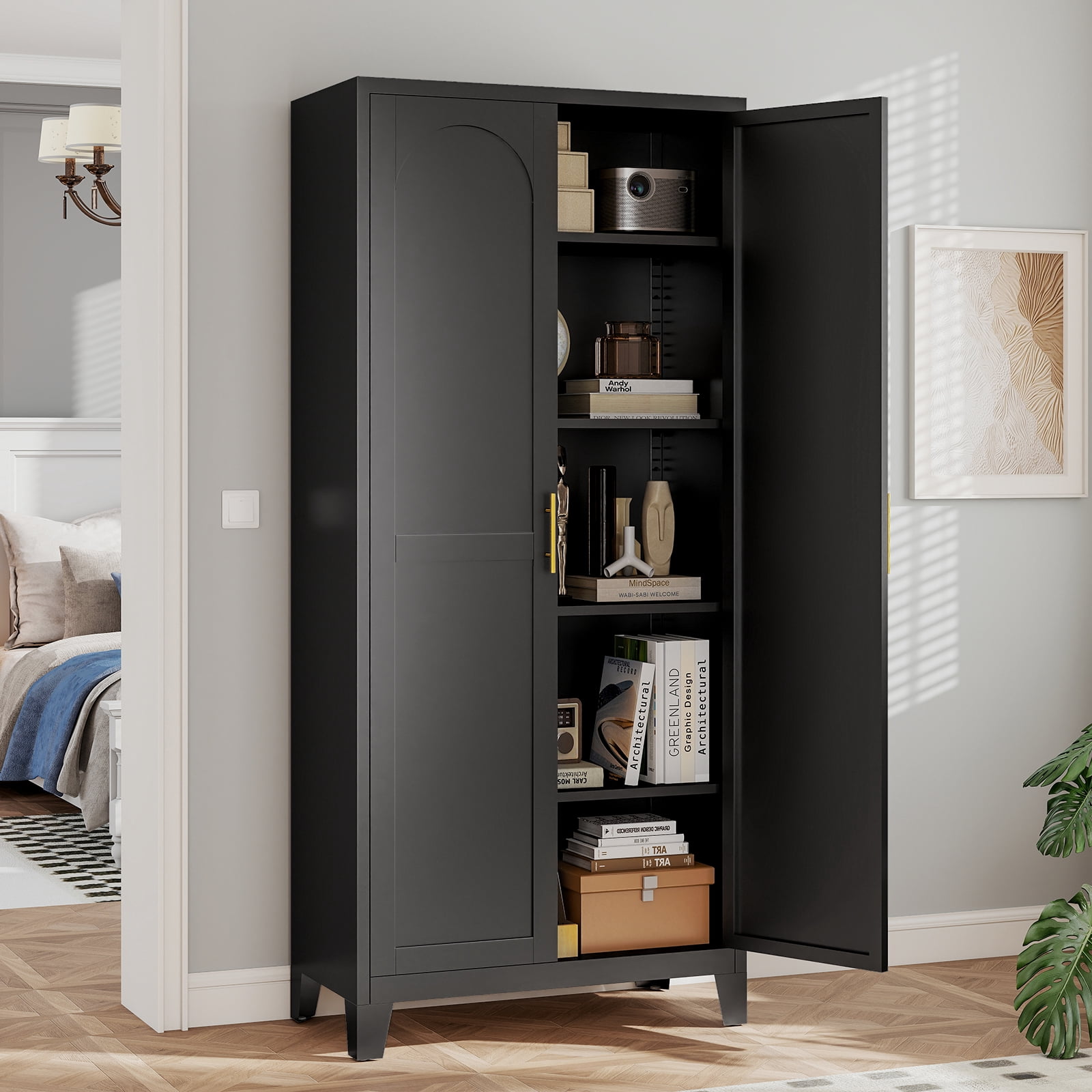 LIZEVINC 71.2in Pantry Cabinet, Metal Shapely Doors Cabinet with Doors and Adjustable Shelves, Food Pantry Cabinet for Kitchen,Dinning Room- Assembly Required(Black)