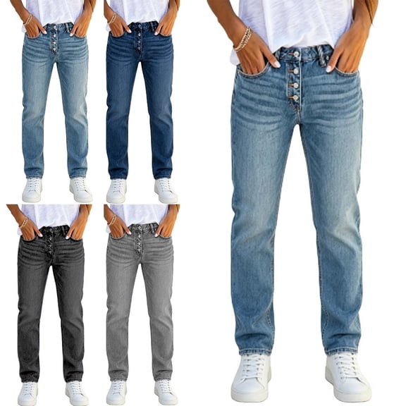 Zysthvn Denim Jeans for Women Straight Leg Casual Mid Rise Fall Pants for Tall Women Solid Button with Pockets Thick Trousers