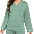 thumbnail image 7 of Uaswgudfs Women's Striped Pajama Set V-Neck Long Sleeve Loose Loungewear Top & Pants 2-Piece Casual Sleepwear Outfit for Women Daily Wear & Sleeping Green XL, 7 of 7