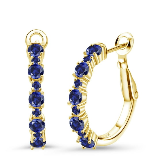 Gem Stone King 18K Yellow Gold Plated Silver Women Hoop Earrings Blue Created Sapphire (5.56 Cttw, Round Cut, 3/7 inch Diameter)