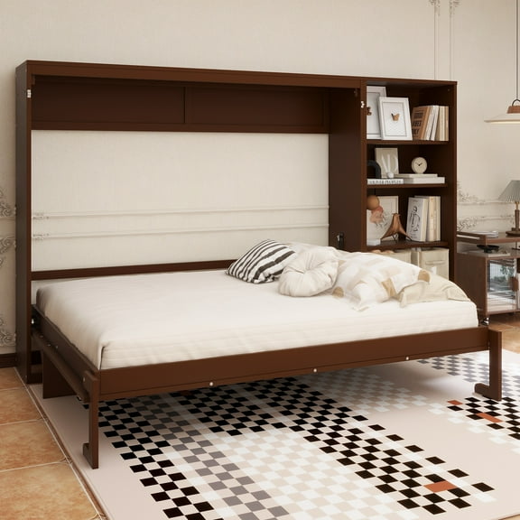 Queen Size Murphy Bed with Height Adjustable Storage Compartments and Shelf, Wall Bed Frame With 1 Drawer, Multifunctional Foldable Platform Bed for Small Space,Bedroom,Guest Room, Walnut