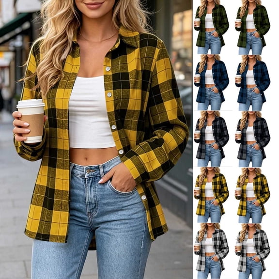 Jovrlynd Plaid Flannel Shirts for Women Long Sleeve Button Down Fashion Shirt Shacket Casual Lightweight Fall Jackets, S-2XL