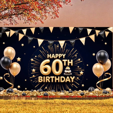 Gold Glitter Happy 60th Birthday Banner Black Gold Color Scheme 60th Birthday Backdrop Star Pattern Sparkle Design Milestone Birthday Background for 60-Year-Old Adults Birthday Parties Indoor