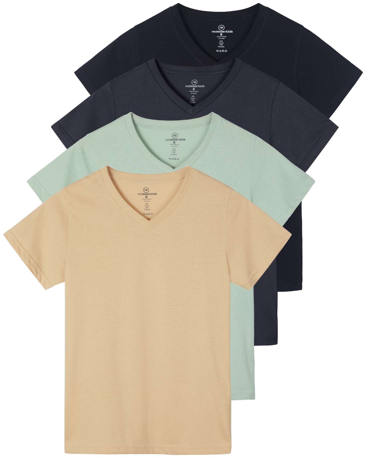 Real Essentials 4 Pack: Women's Classic-Fit Cotton Short-Sleeve V-Neck T-Shirt (Available in Plus Size)