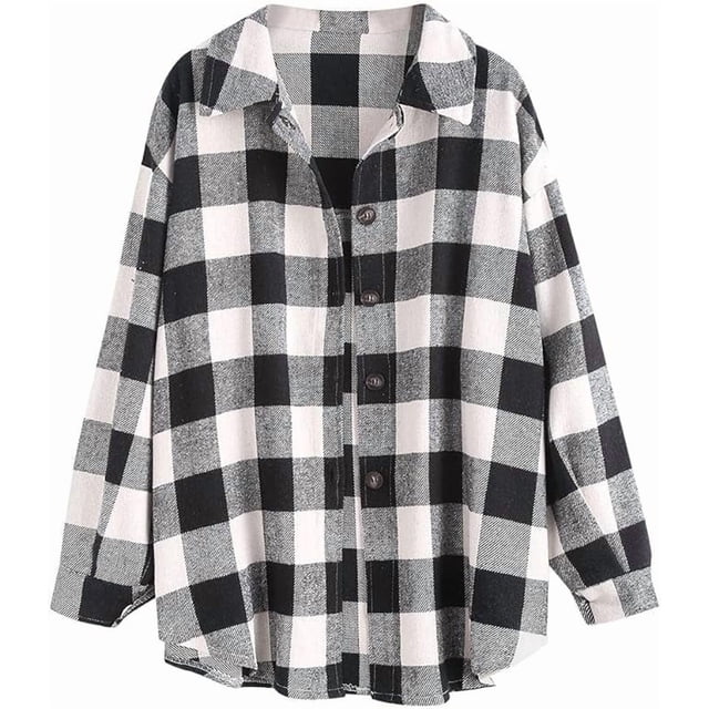 Camisa de manga larga a cuadros para mujer, con botones, mezcla de lana, chaqueta fina, blusa informal con bolsillo