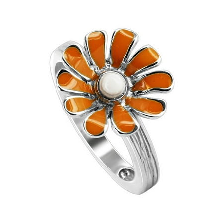 Enamel Flower Daisy - Gem Avenue 925 Sterling Silver Daisy Flower Orange & White Enamel Ring