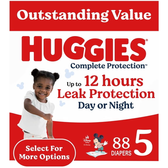 Huggies Complete Protection Baby Diapers, Size 5 (27  lbs), 88 Count