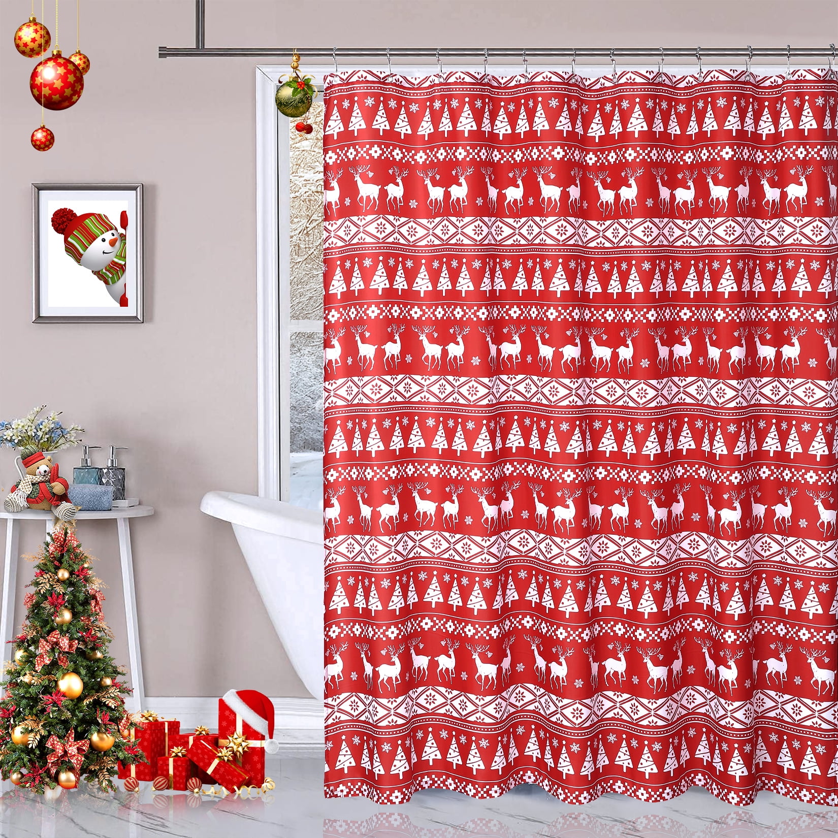 GlowSol Christmas Shower Curtain Boho Style Christmas Tree Deer
