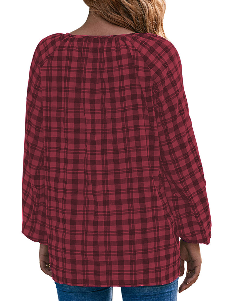 MOND / nui mond Check over blouse ヌイモンド ManHanLi Women Strappy V Neck Checkered Long Sleeve