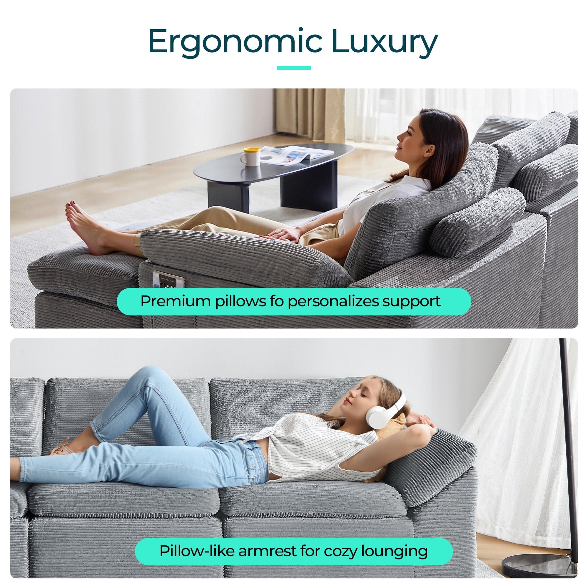 LINSY HOME Oversized 79" Boneless Sectional Couches for Living Room, Cloud Couch Sofa with Corduroy Fabric, 2 Seat Foam Sofa for Living Room, No Assembly Required, Grey