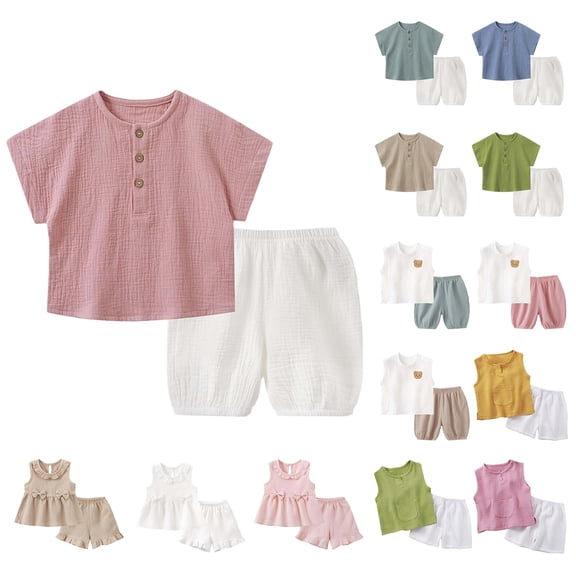 Bovxnpu Girls' Short Sets Kids Summer Cotton Solid Sleeveless Crew Neck Tank Top Shorts 2-Piece Sets Summer Outfits